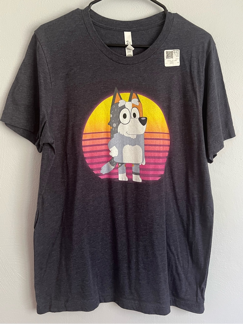 Bella Canvas Charcoal Graphic Tee with Yellow and Pink Sunset and Pup